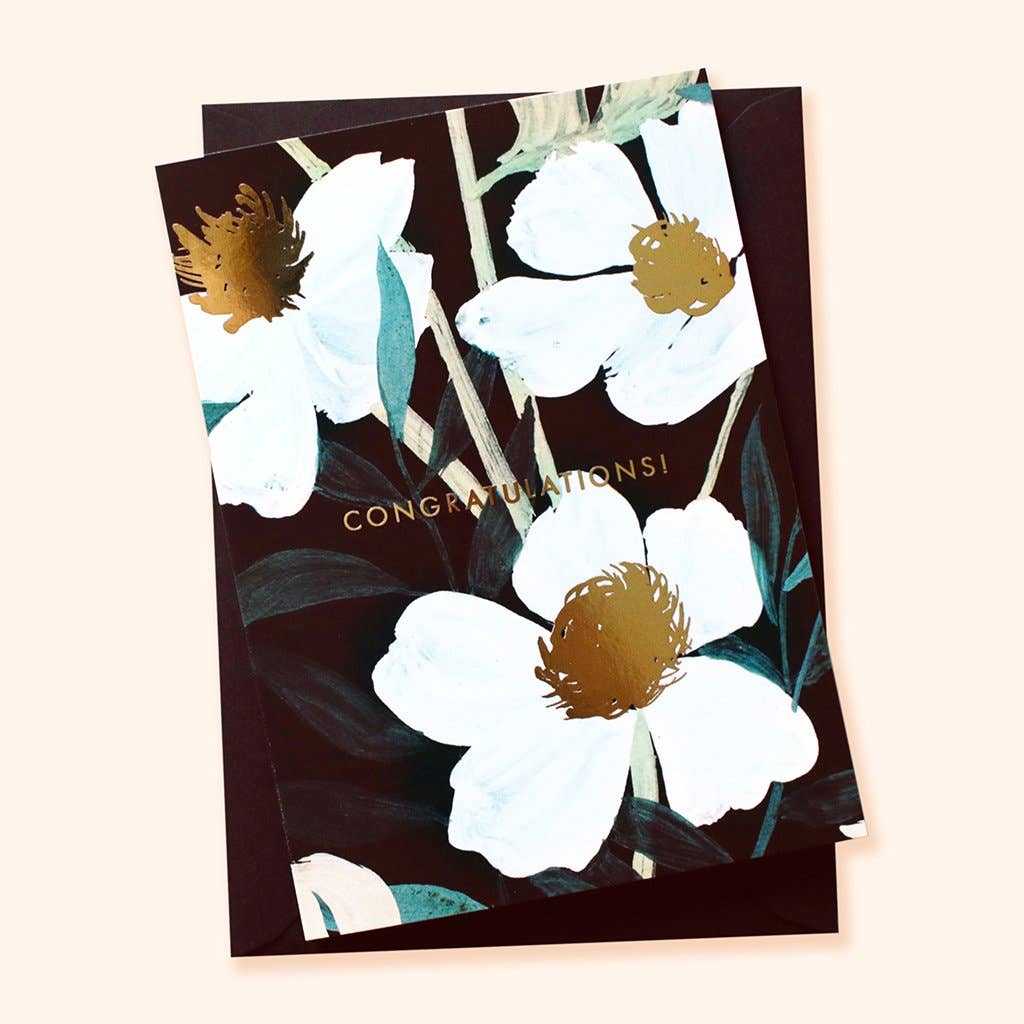 Black Botanical Floral Congratulations Foiled Greetings Card