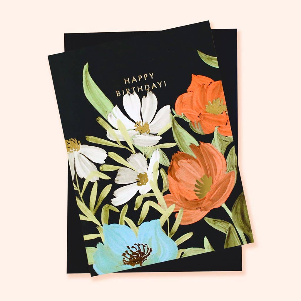 Black Painterly Botanical Floral Birthday Greetings Card