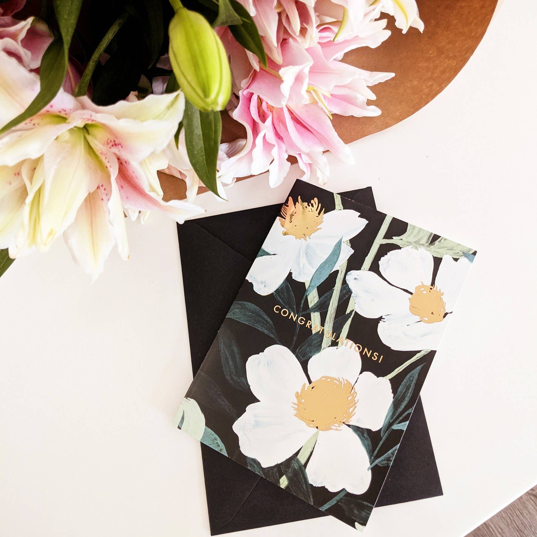Black Botanical Floral Congratulations Foiled Greetings Card