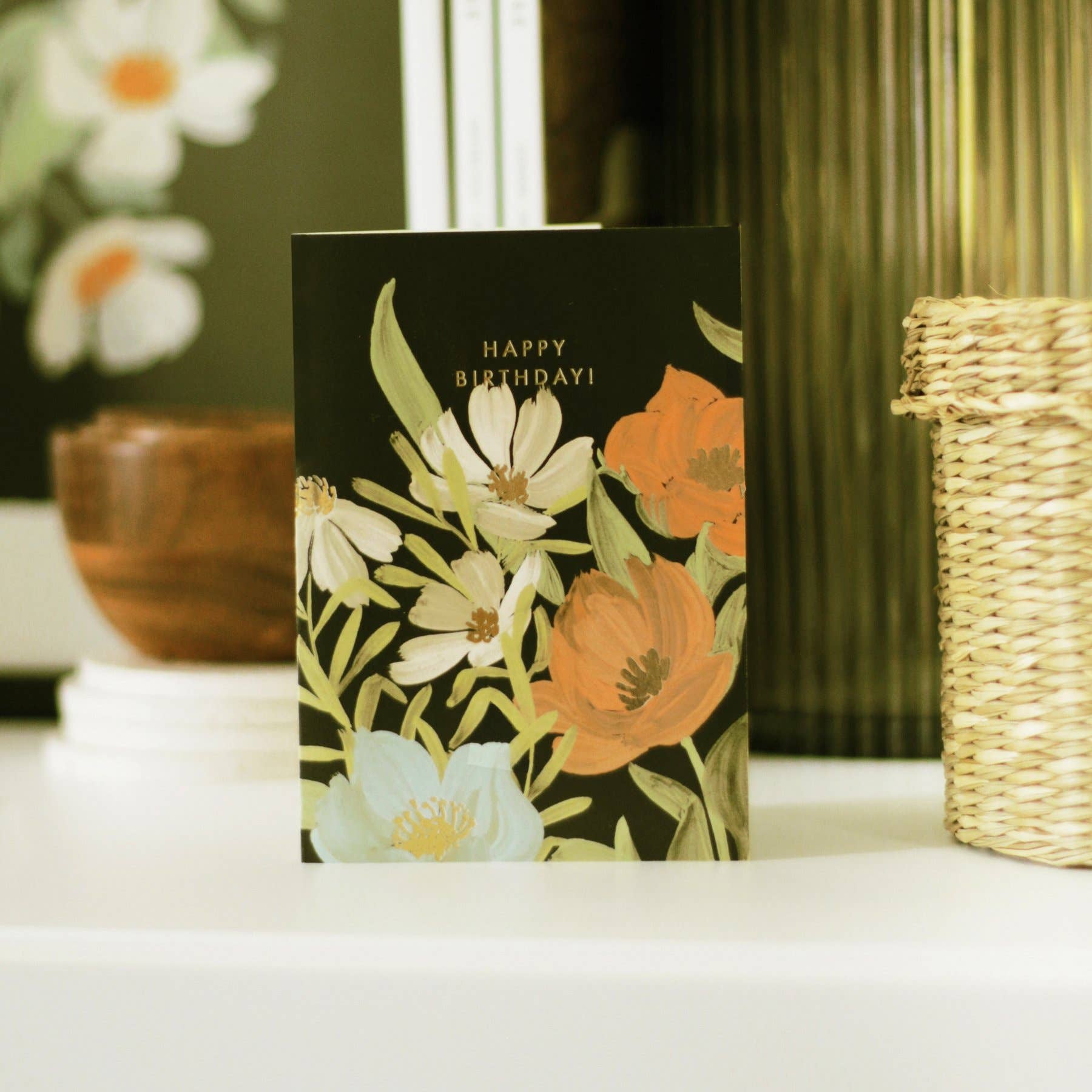 Black Painterly Botanical Floral Birthday Greetings Card