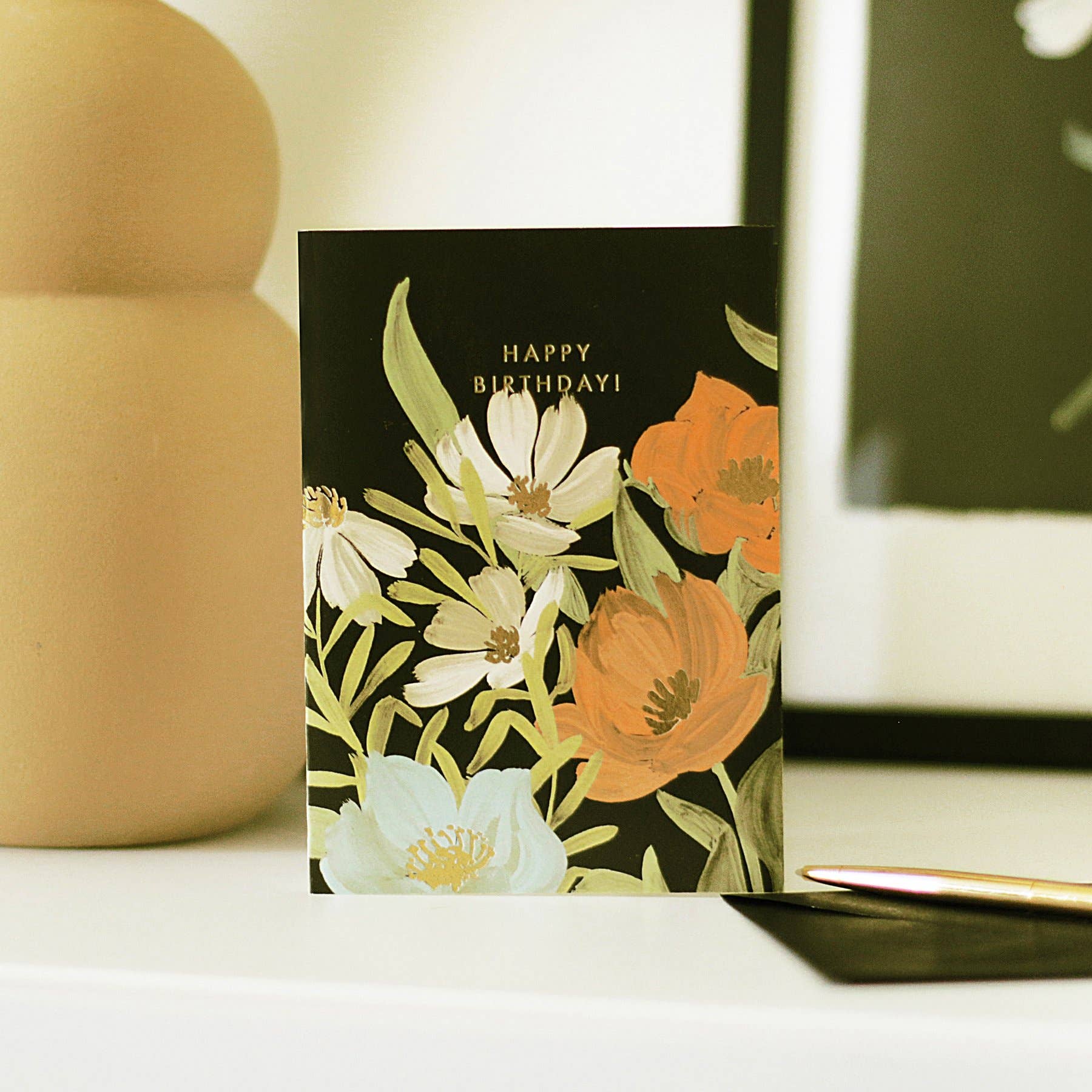 Black Painterly Botanical Floral Birthday Greetings Card