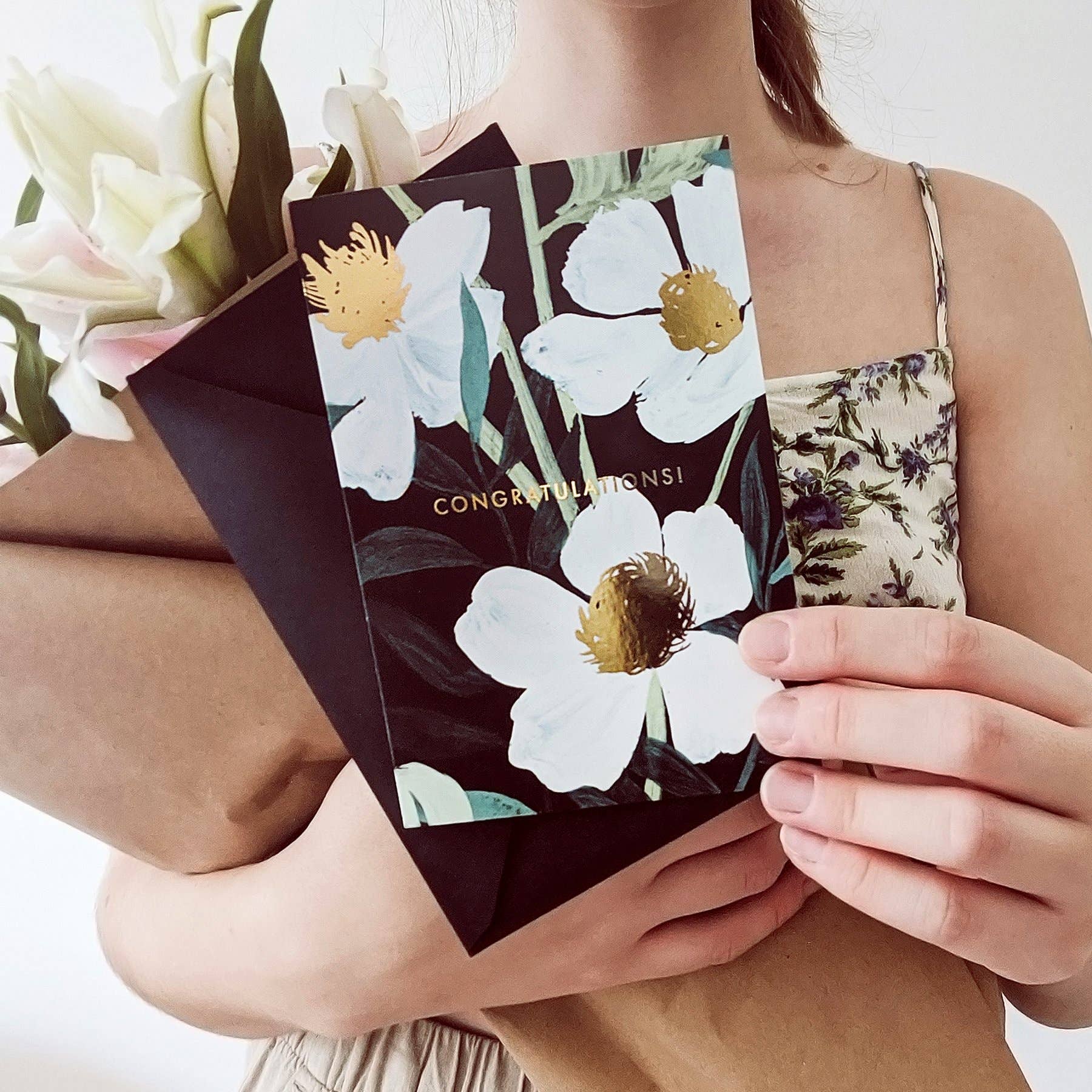 Black Botanical Floral Congratulations Foiled Greetings Card