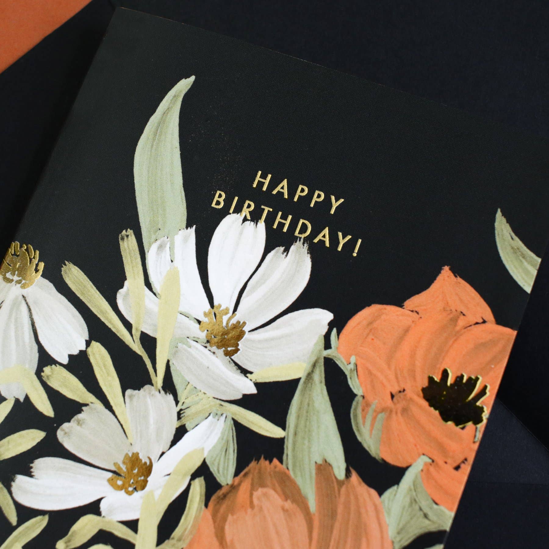 Black Painterly Botanical Floral Birthday Greetings Card