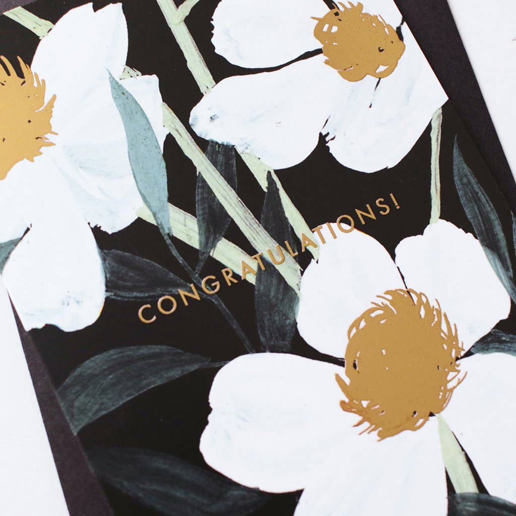 Black Botanical Floral Congratulations Foiled Greetings Card